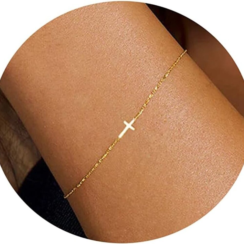 18K Gold Plated Pearl Beaded Cross Bracelets for Women Adjustable Stainless Stee